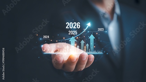 Futuristic Business Growth Visualization with Upward Arrows and Data Charts for 2025 and 2026