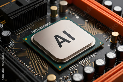 A detailed closeup of an ai computer chip integrated into a motherboard on transparent background