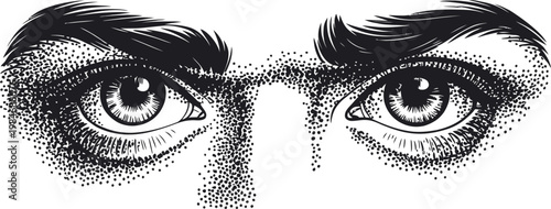 Man's intense eyes staring forward black and white illustration.