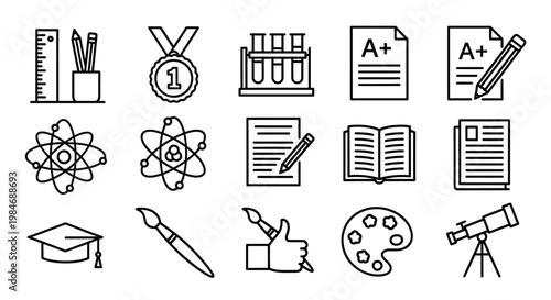 Set of School and Science Icons Including Ruler, Pencils, Medal, Test Tubes, Papers, Books, Atoms, Graduation Cap, Paintbrush, Palette, and Telescope