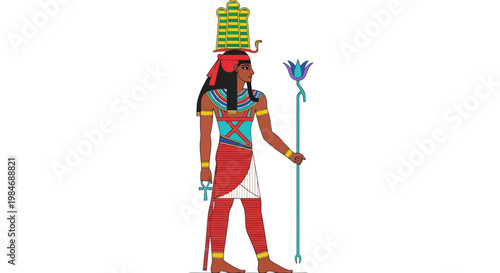 Ancient Egyptian Goddess Isis with Ankh and Lotus Scepter, Hieroglyphic Style Illustration