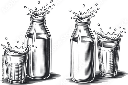Milk splashing into glass and bottle black and white etching style.