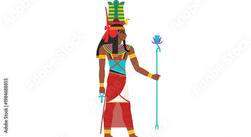 Ancient Egyptian Goddess Isis with Ankh and Scepter, Hieroglyphic Art Style