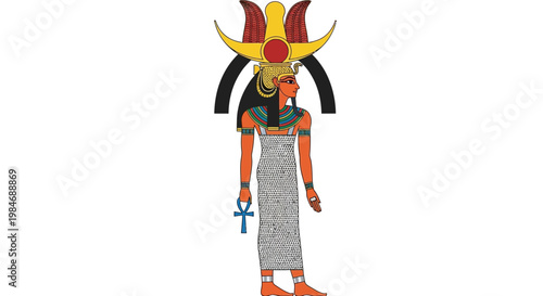 Ancient Egyptian Goddess Isis with Ankh Symbol and Sun Disk Headdress