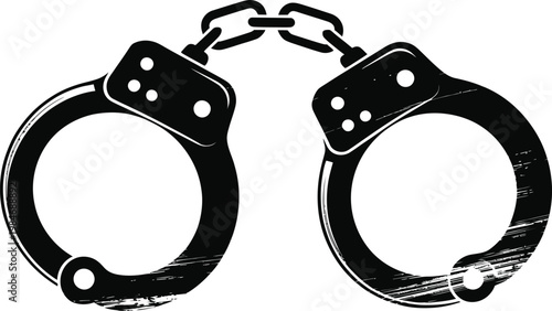 Pair of old metal handcuffs with chains in a distressed grunge style illustration.