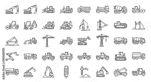Construction vehicles and equipment icons.