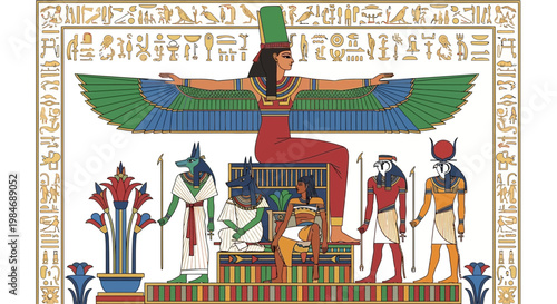 Ancient Egyptian Gods and Goddesses Gathering, Hieroglyphs, Isis, Anubis, Ra, Osiris