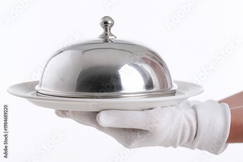 Waiter hand holding covered serving tray on white background