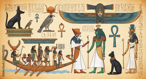 Ancient Egyptian Gods, Goddesses, Symbols, and Hieroglyphs - Cultural Heritage Illustration