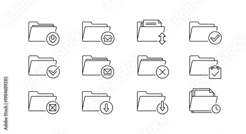 Set of document folder icons with various symbols indicating actions such as download, email, upload, confirmation, deletion, and status updates for file management and organization