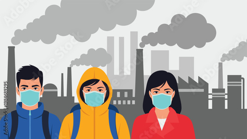 Group of people wearing protective face masks in front of a polluting industrial factory with smoke coming from chimneys.