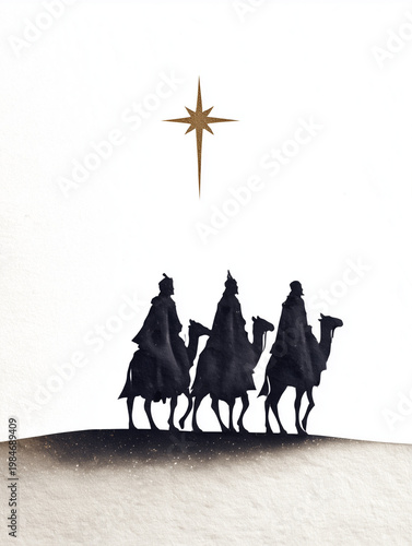 Three wise men riding camels following star of bethlehem
