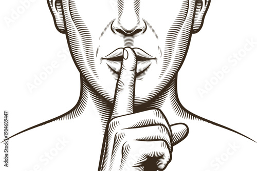 Woman asking for silence with finger on lips as a quiet or secret gesture illustration.