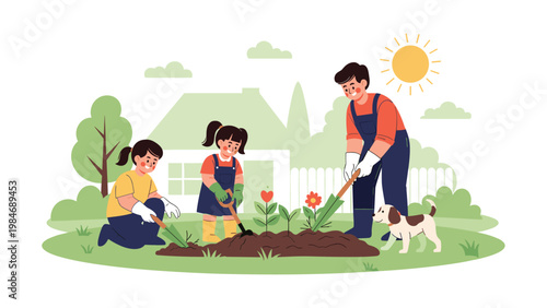 Happy family with a father and two children gardening together in their backyard on a sunny day with their pet dog.