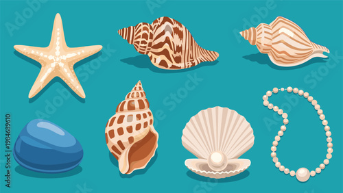 Collection of beautiful seashells, a starfish, a blue stone, and a pearl necklace on a turquoise blue water background.