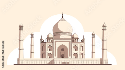 Detailed vector illustration of the iconic Taj Mahal monument in India under a bright sun with a clean and minimalist architectural design.