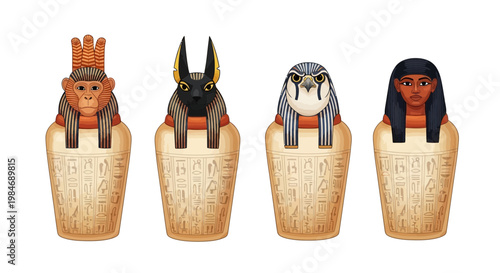 Ancient Egyptian Canopic Jars with Four Sons of Horus Depictions