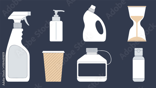 Silhouette set of common household cleaning supplies and containers including spray bottles, detergent, soap dispensers, and an hourglass.