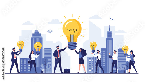 Team of business professionals holding glowing light bulbs in a modern city to represent collaboration and the generation of new ideas.