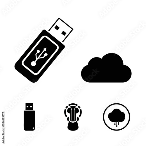 An isolated white cloud storage icon and a black portable USB flash drive stick connect to represent a digital data transfer concept for computer technology