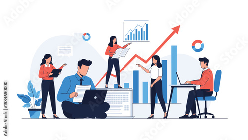 Professional business team analyzing statistics and charts with a large upward growth arrow to achieve successful company performance goals.