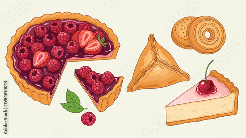 Delicious collection of sweet pastries including a large berry tart, a slice of cherry cheesecake, cookies, and traditional filled dough.