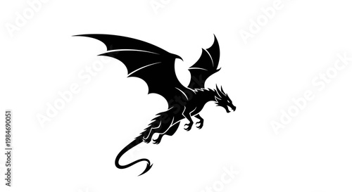 Black silhouette of a dragon in flight against a white background