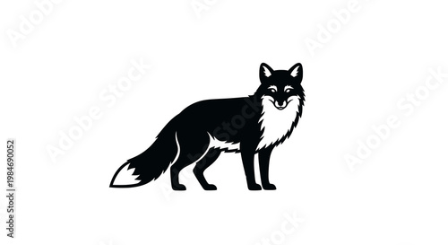 Black Fox Silhouette Standing Isolated on White Background, Side View