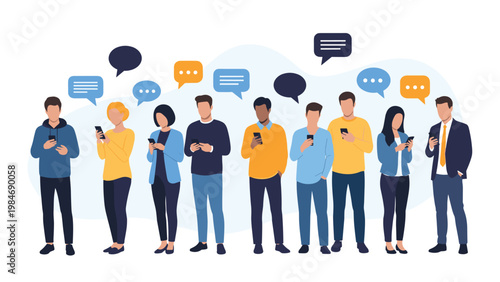 Diverse group of people standing in a row using their mobile phones with colorful chat bubbles overhead to represent modern communication.