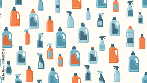 Seamless pattern featuring a variety of colorful detergent and cleaning spray bottles arranged in a repetitive design on an off-white background.