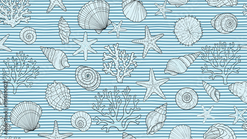 Hand-drawn seamless pattern of various seashells, starfish, and coral on a blue striped background reflecting a coastal and nautical aesthetic.