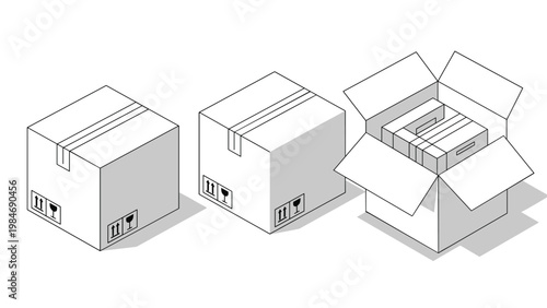 Set of three isometric cardboard box illustrations showing closed shipping boxes and one open box filled with packaged contents for delivery.