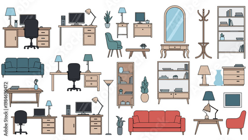 Comprehensive collection of home and office furniture, lighting, and workspace elements including desks, computers, chairs, sofas, and lamps.