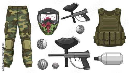 Set of professional paintball equipment including camouflage pants, a protective mask with splats, guns, a tactical vest, and paintballs.