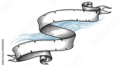 Vintage style parchment ribbon banner with cross hatching texture and light blue swirling energy effects on a clean white background for copy space.