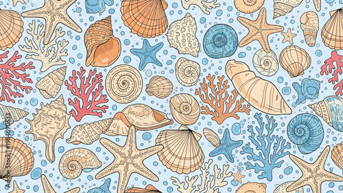 Seamless pattern of various sea shells, starfish, and colorful coral branches scattered on a light blue background representing tropical marine life.