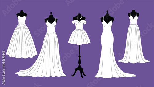 Elegant silhouettes of various white wedding dresses on a vibrant purple background showcasing different silhouettes from ball gowns to mermaid styles.