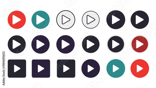 Comprehensive set of play button icons in various colors, shapes, and styles suitable for video player interfaces and multimedia applications.