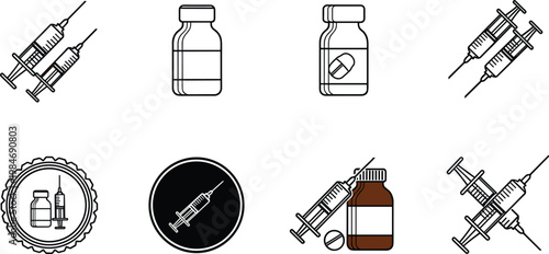 Medical Vaccine and Syringe Icon Set with Injection Equipment, Medicine Bottles, and Healthcare Line Symbols in Minimal Outline Vector Style
