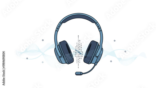 Professional gaming headset with microphone featured against abstract digital binary code and blue sound wave patterns on a white background.