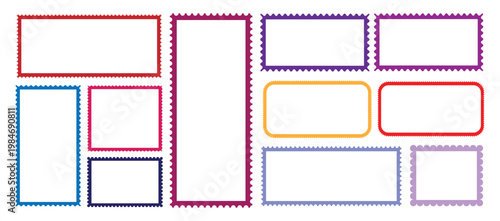 Postage stamp set. Rectangle frame with zigzag edges. Mockup postage stamps. Post stamp frame and borders. Vector zigzag objects for badge, sticker, photo, frame. Vector illustration.