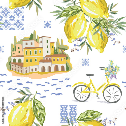 Yellow lemon fruits, italian coastal town, sea, bicycle, blue ceramic tile, white background. Vector illustration. Seamless pattern. Summer trendy design
