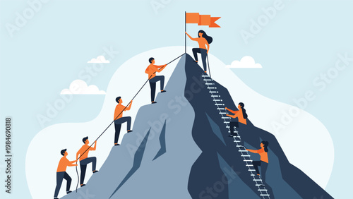 Business teamwork concept showing a group of people climbing a steep mountain to reach a leader holding a flag at the peak.
