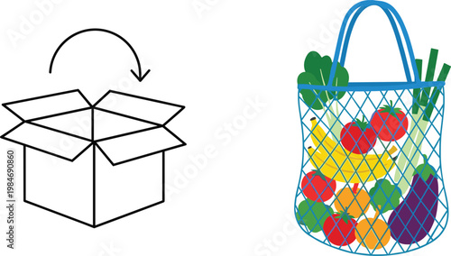Open Cardboard Box Icon and Reusable Grocery Shopping Bag with Fresh Fruits and Vegetables Illustration in Flat Vector Style
