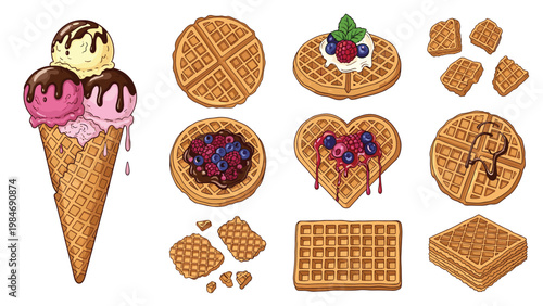 Variety of delicious waffles with assorted toppings like berries, cream, and chocolate along with a multi scoop ice cream cone.