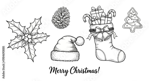 Christmas Elements Collection: Holly, Pinecone, Santa Hat, Stocking, Gingerbread Tree, Merry Christmas Text
