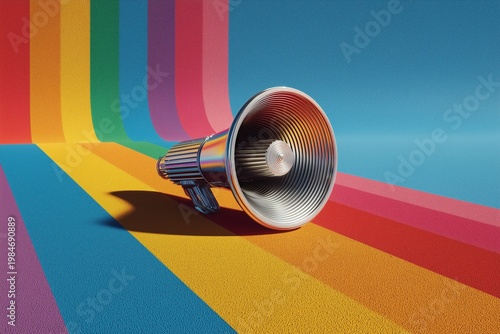 Rainbow Megaphone: A chrome megaphone stands prominently against a vibrant rainbow backdrop, a visual metaphor for communication, announcement and diversity. 