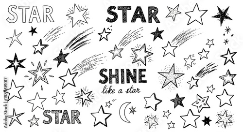 Hand-drawn star doodles, shooting stars, moon, and text 'SHINE like a star'