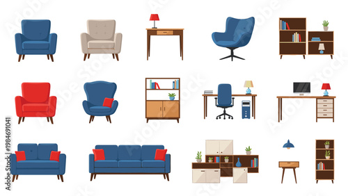 Icons of various home and office furniture including armchairs, sofas, desks, lamps, and bookshelves in a flat design style.