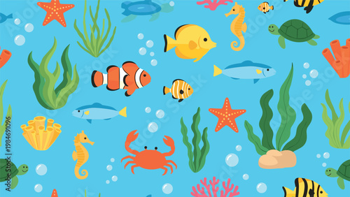 Vibrant seamless pattern of underwater marine life including fish, turtles, seahorses, starfish, and colorful coral on a blue background.